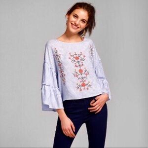 Xhilaration Blue White Stripe Blouse with Floral Embroidery